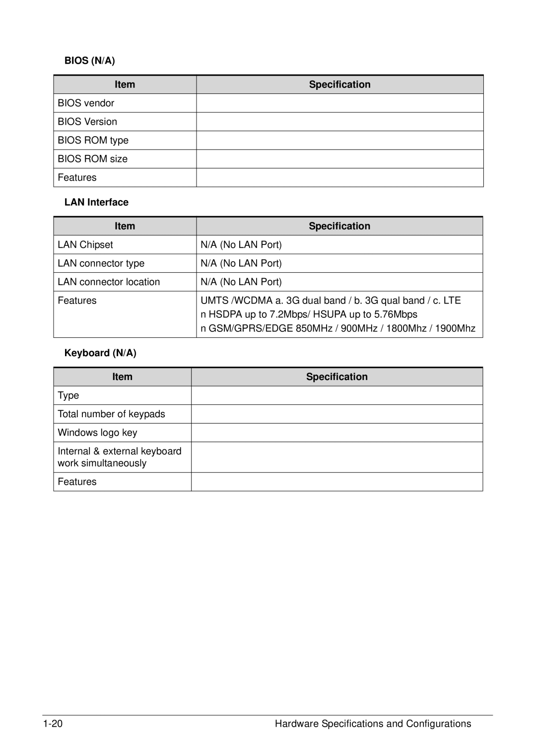 Acer XE.H6RPN.006 manual Specification LAN Interface, Keyboard N/A Specification 