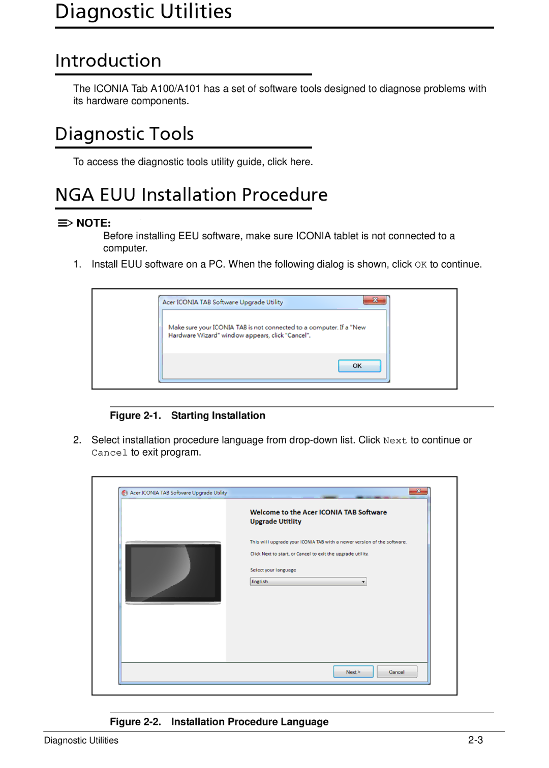 Acer XE.H6RPN.006 manual Introduction, Diagnostic Tools, NGA EUU Installation Procedure 