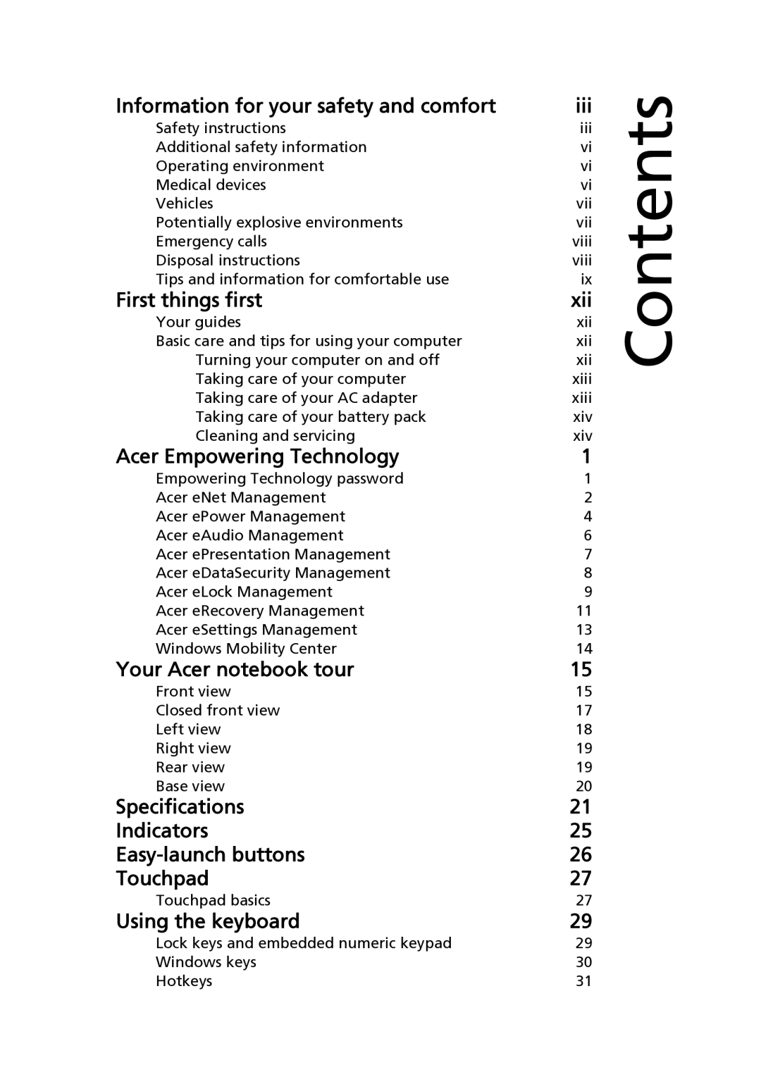 Acer Z03 manual Contents 