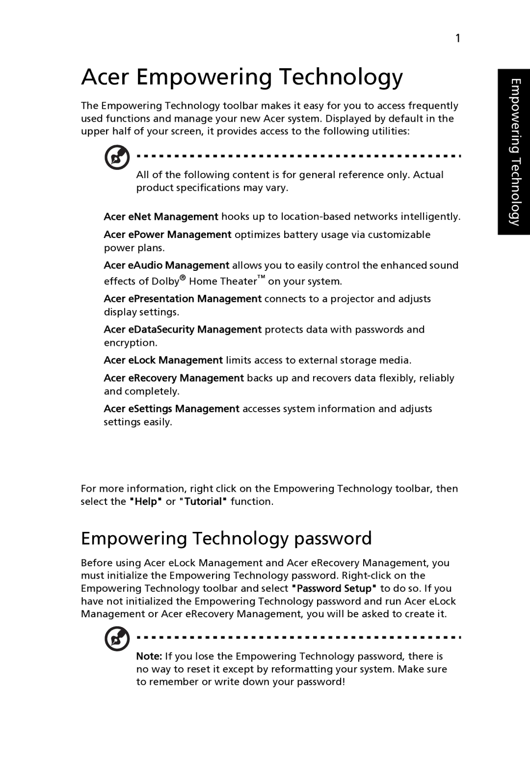 Acer Z03 manual Acer Empowering Technology, Empowering Technology password 