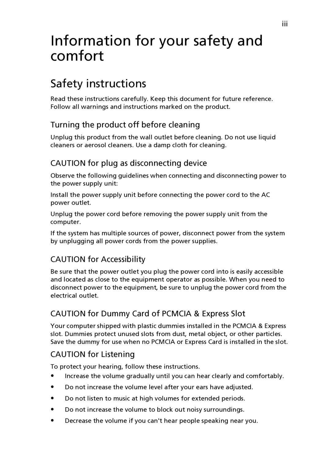 Acer Z03 manual Information for your safety and comfort, Safety instructions, Turning the product off before cleaning 