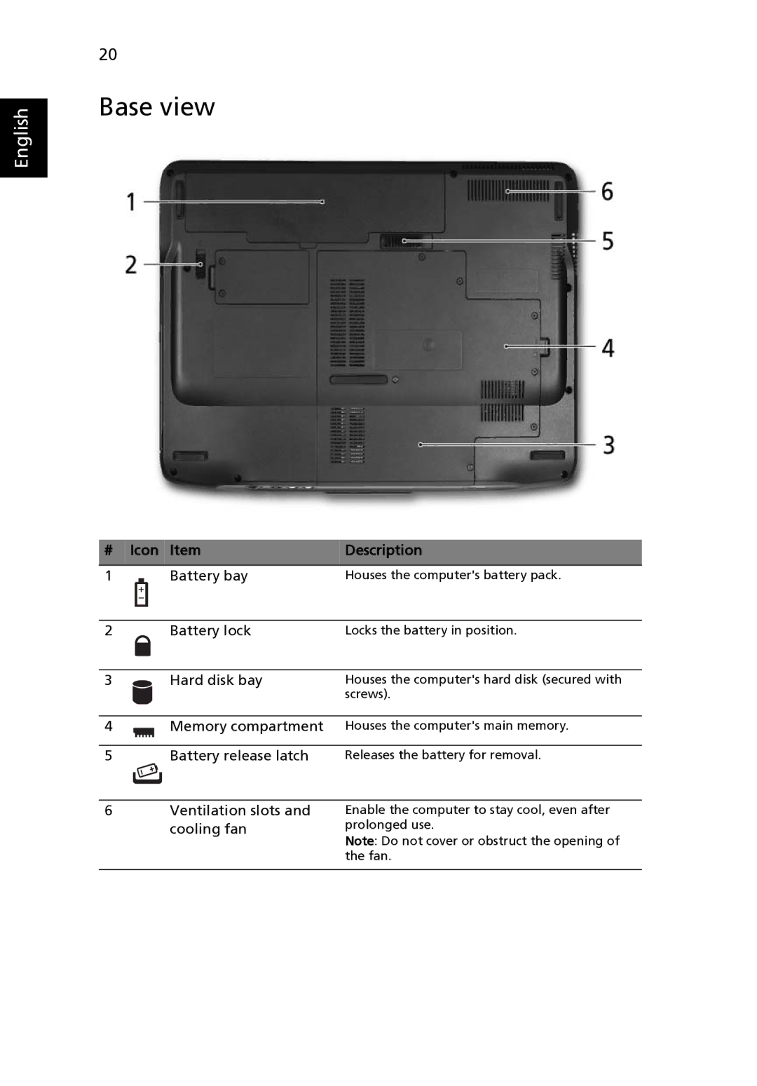 Acer Z03 manual Base view, Hard disk bay 