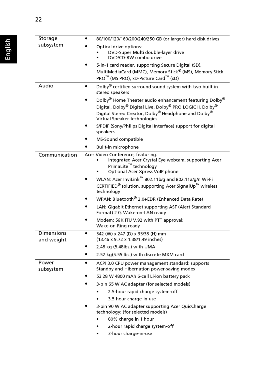 Acer Z03 manual Storage 