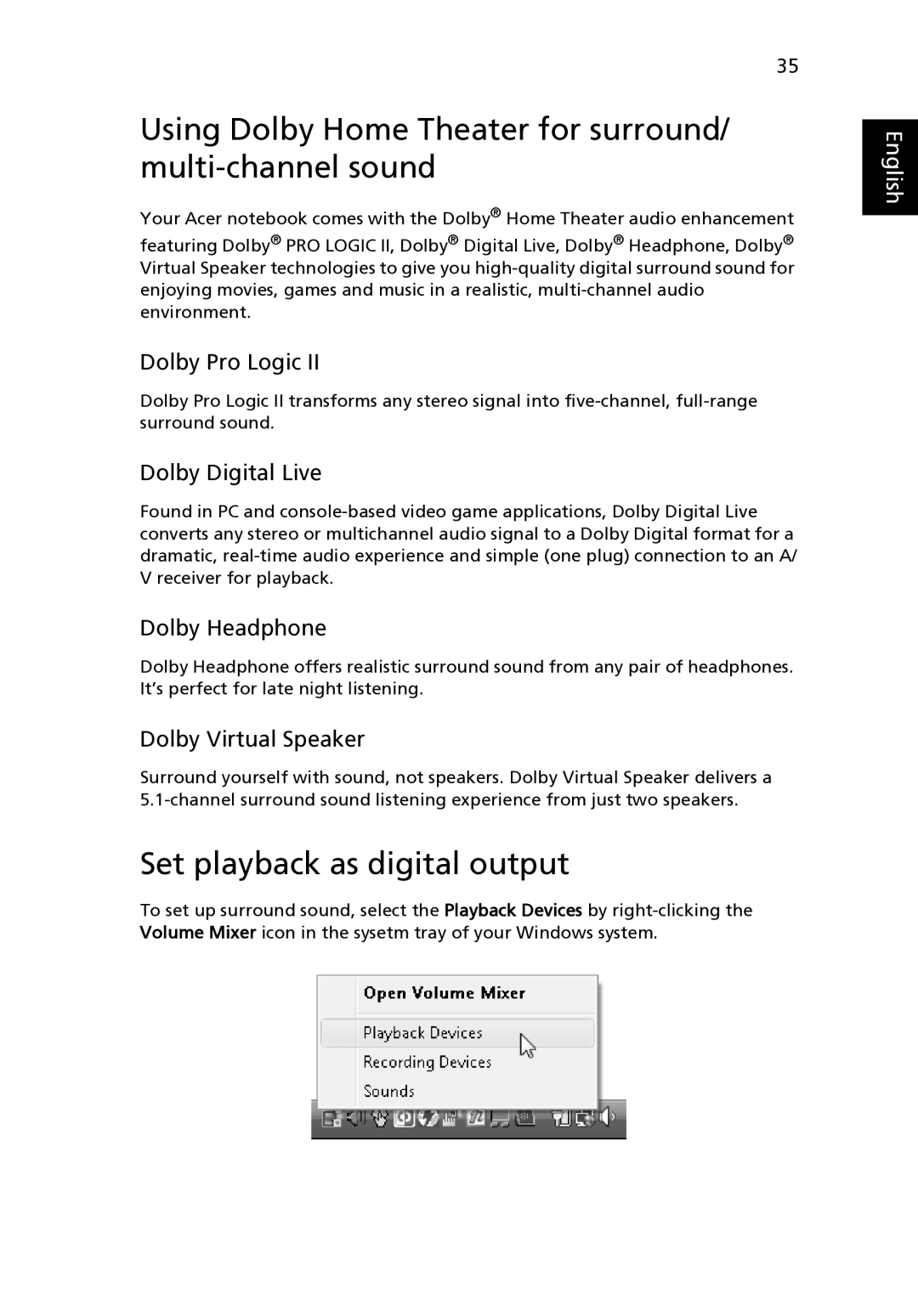 Acer Z03 manual Using Dolby Home Theater for surround/ multi-channel sound, Set playback as digital output 