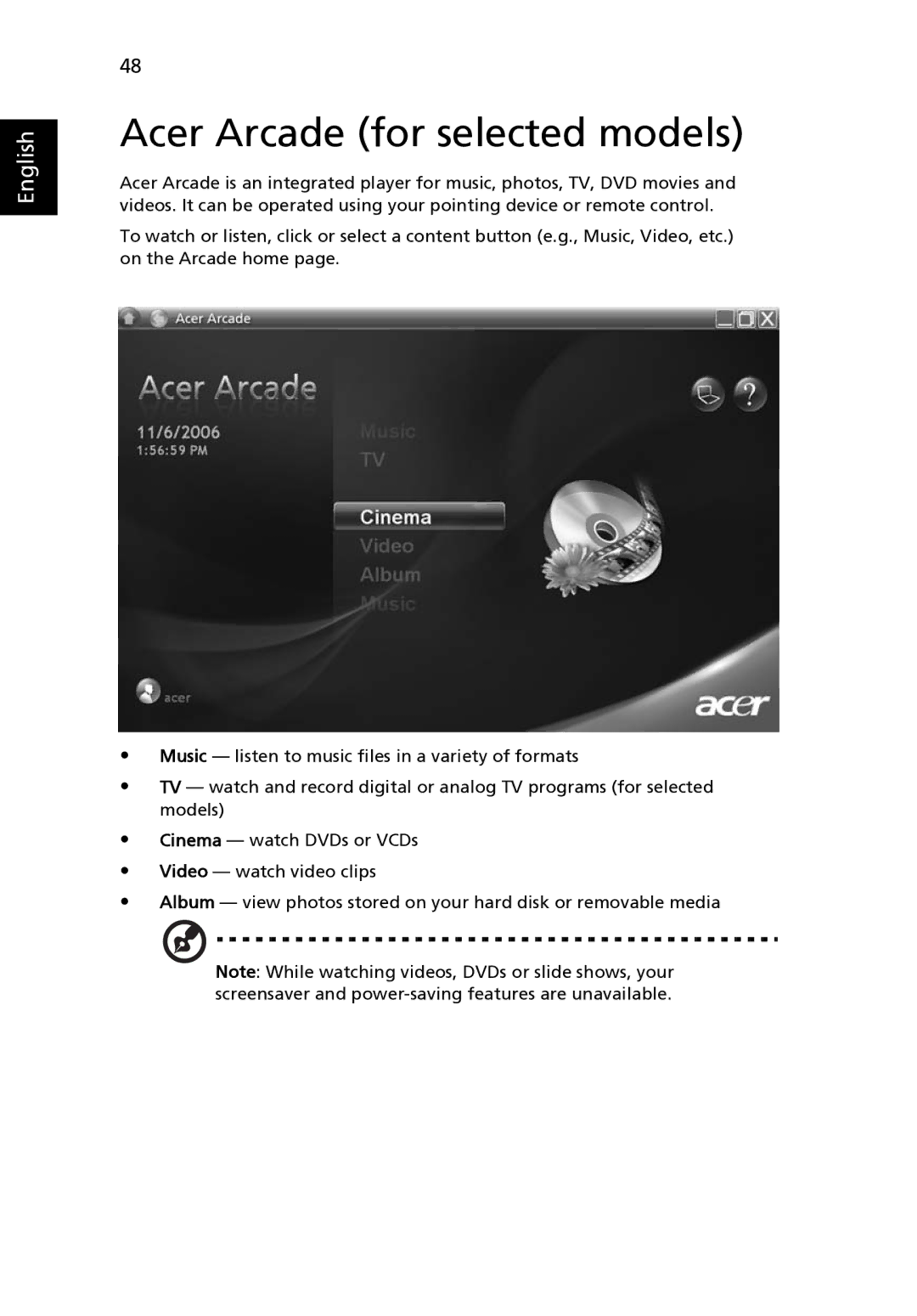 Acer Z03 manual Acer Arcade for selected models 