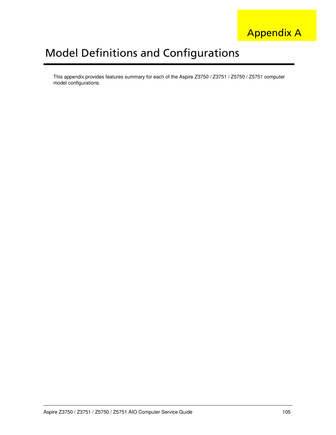 Acer Z3750, Z3751, Z5750, Z5751 manual Model Definitions and Configurations 