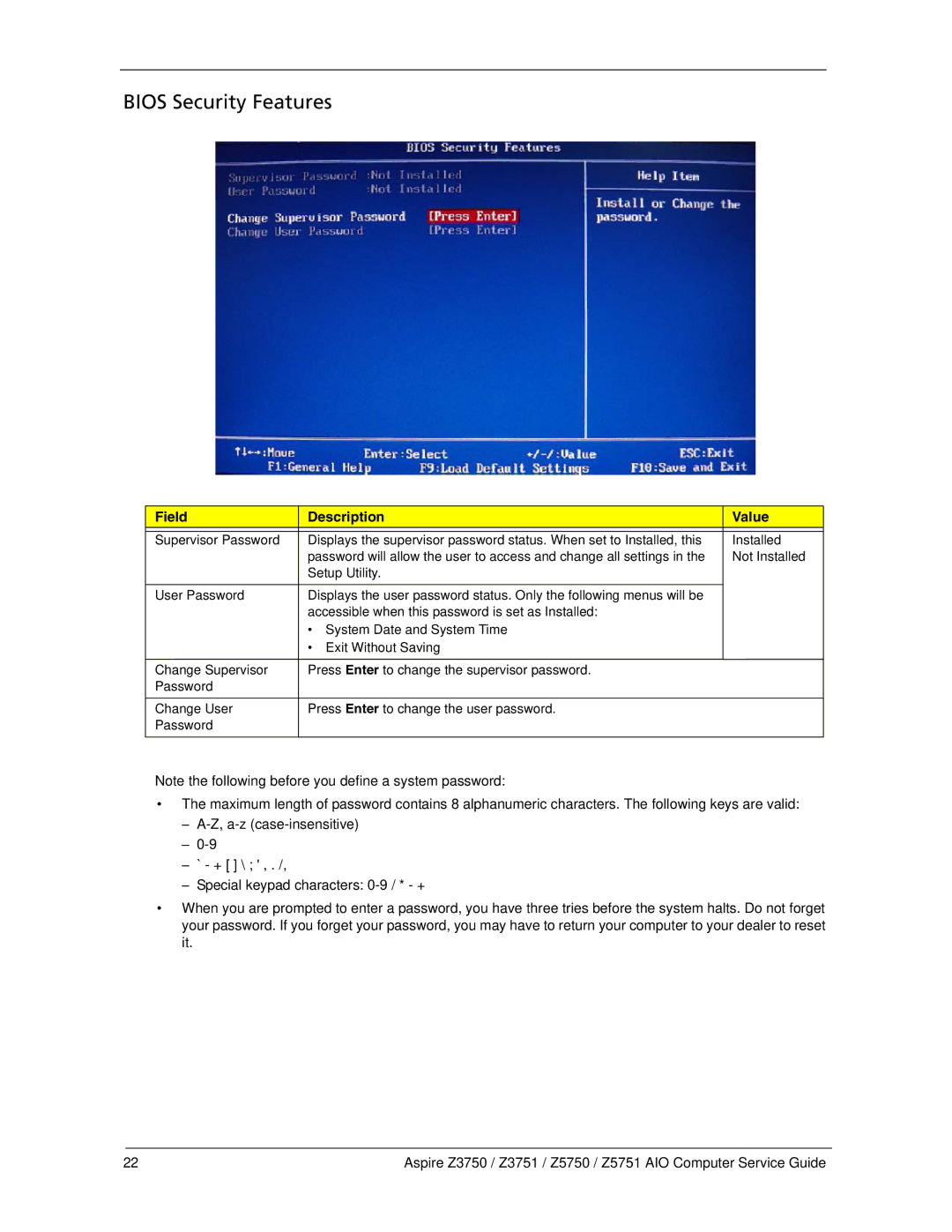 Acer Z5750, Z3751, Z3750, Z5751 manual Bios Security Features 