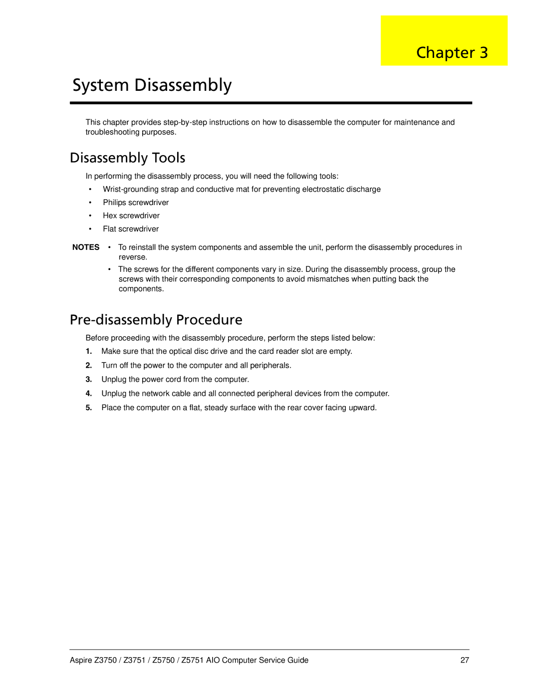 Acer Z5751, Z3751, Z3750, Z5750 manual Disassembly Tools, Pre-disassembly Procedure 