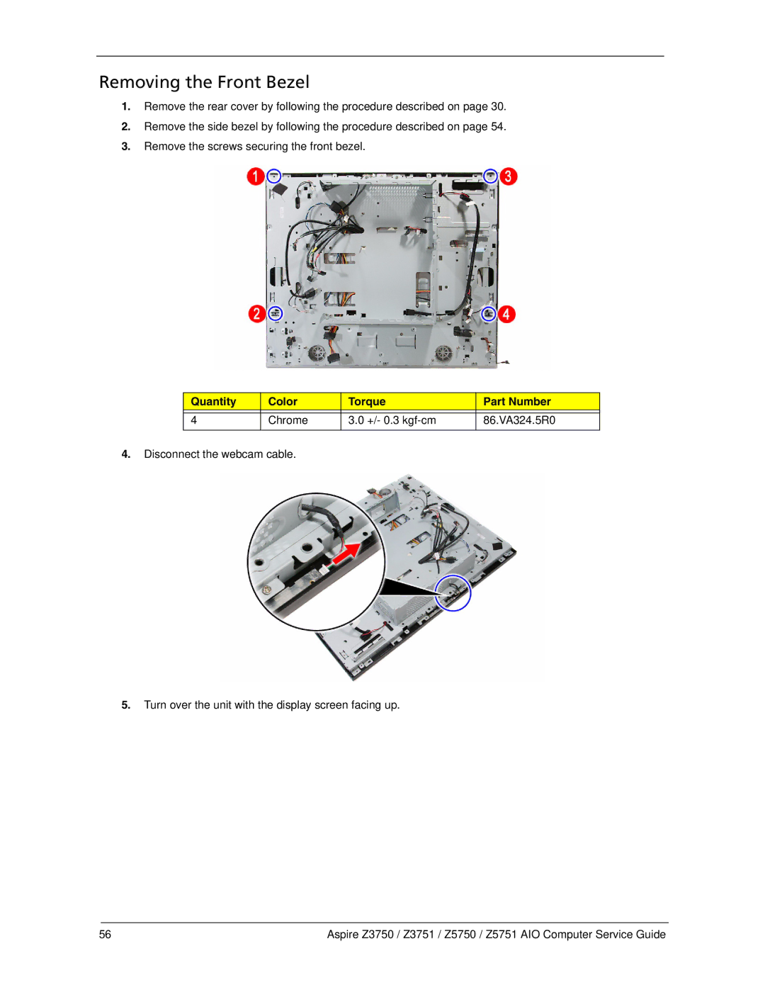 Acer Z3751, Z3750, Z5750, Z5751 manual Removing the Front Bezel 