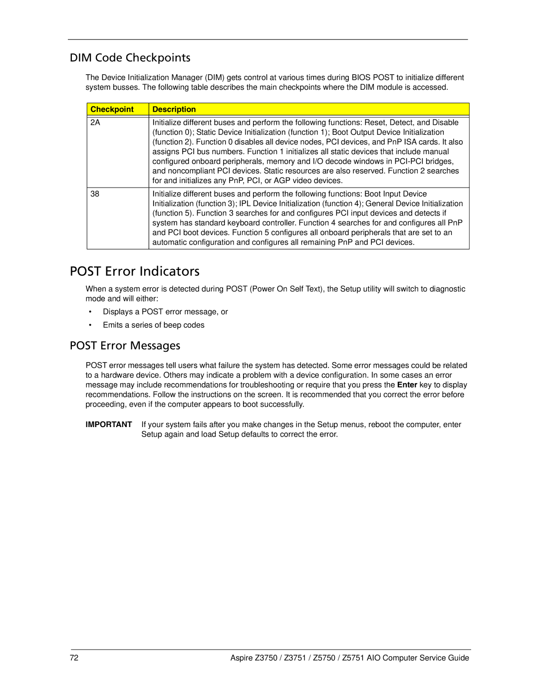 Acer Z3751, Z3750, Z5750, Z5751 manual DIM Code Checkpoints, Post Error Messages 