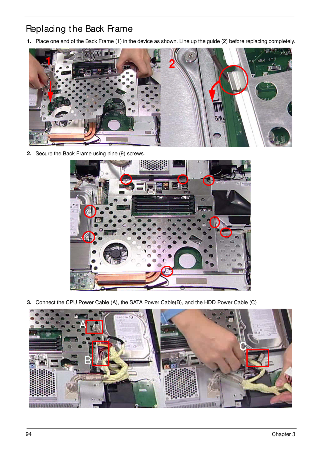 Acer Z5600, Z5610 manual Replacing the Back Frame 