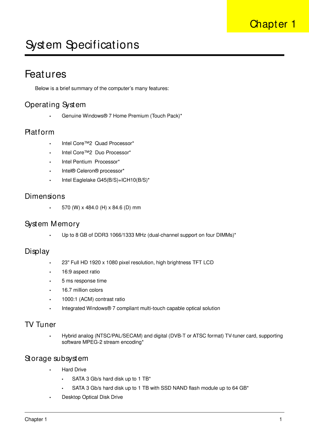 Acer Z5610, Z5600 manual Chapter, Features 