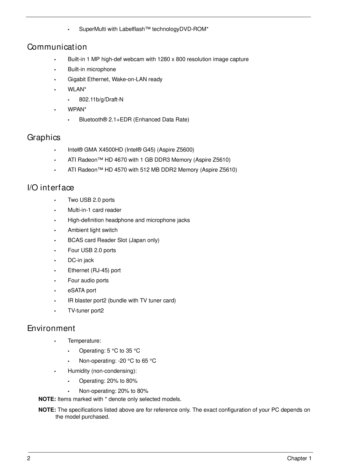 Acer Z5600, Z5610 manual Communication, Graphics, Interface, Environment 