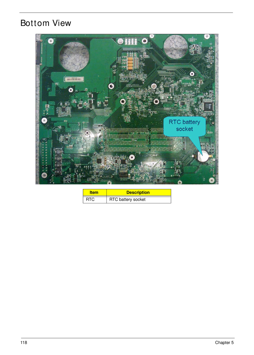 Acer Z5600, Z5610 manual Bottom View, Rtc, RTC battery socket 