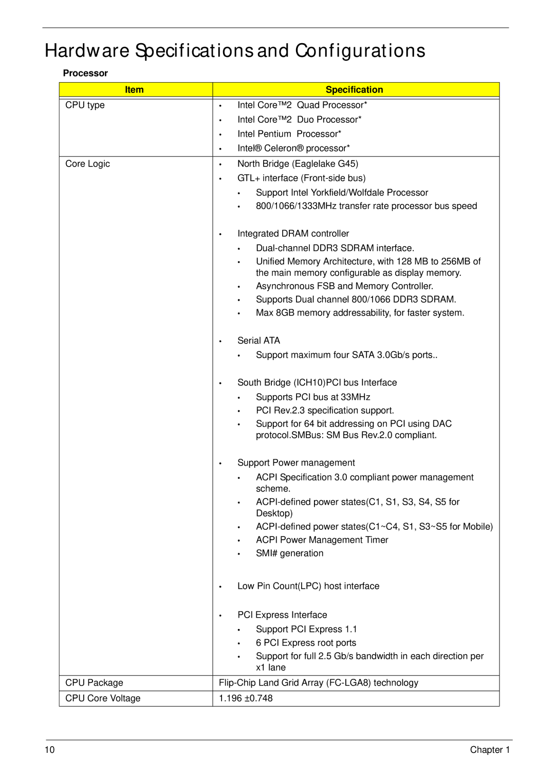 Acer Z5600, Z5610 manual Hardware Specifications and Configurations, Processor Specification 