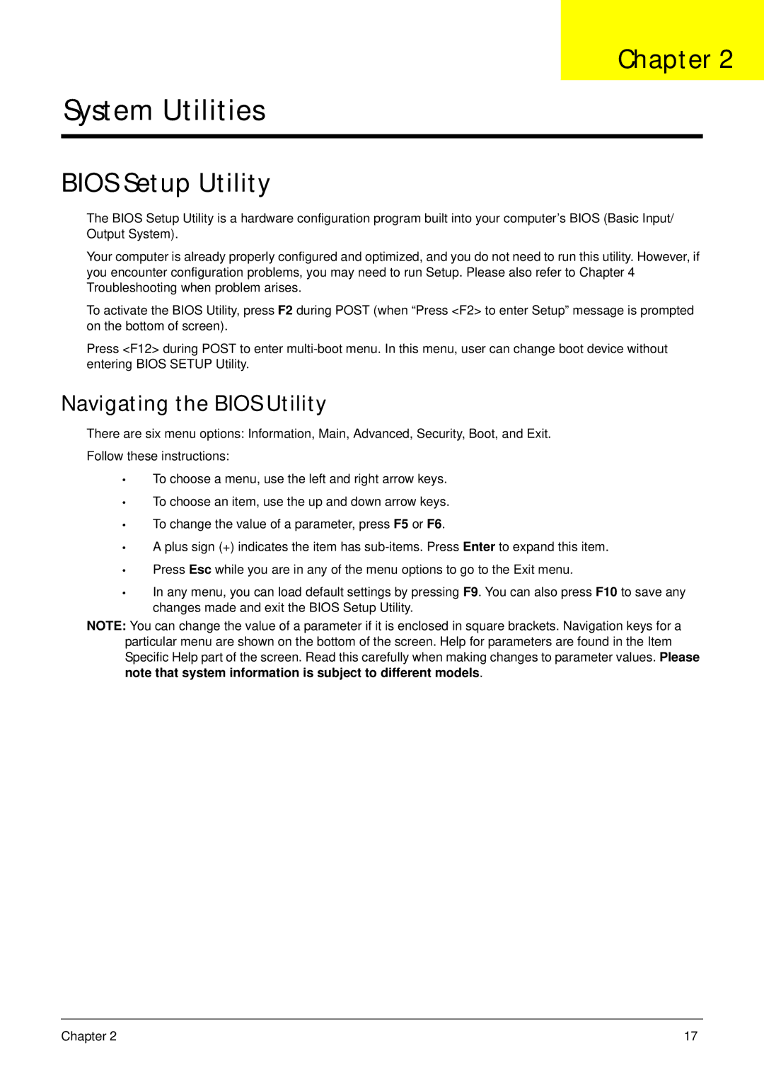 Acer Z5610, Z5600 manual Bios Setup Utility, Navigating the Bios Utility 