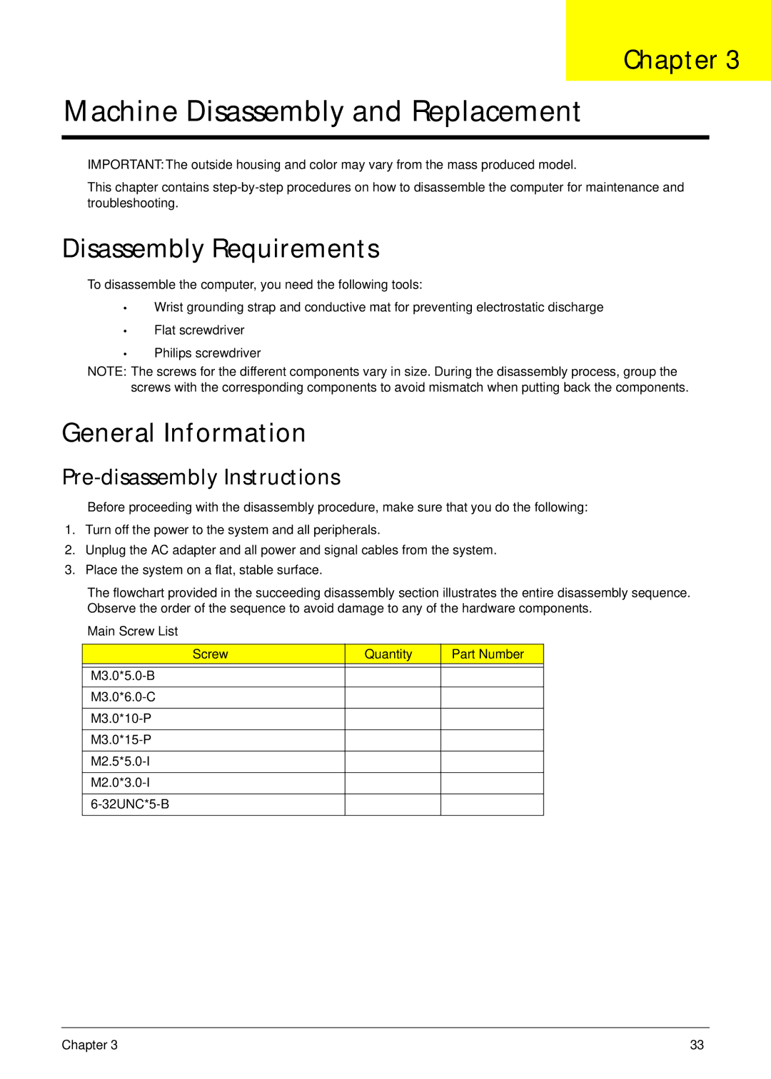 Acer Z5610, Z5600 manual Disassembly Requirements, General Information, Pre-disassembly Instructions 