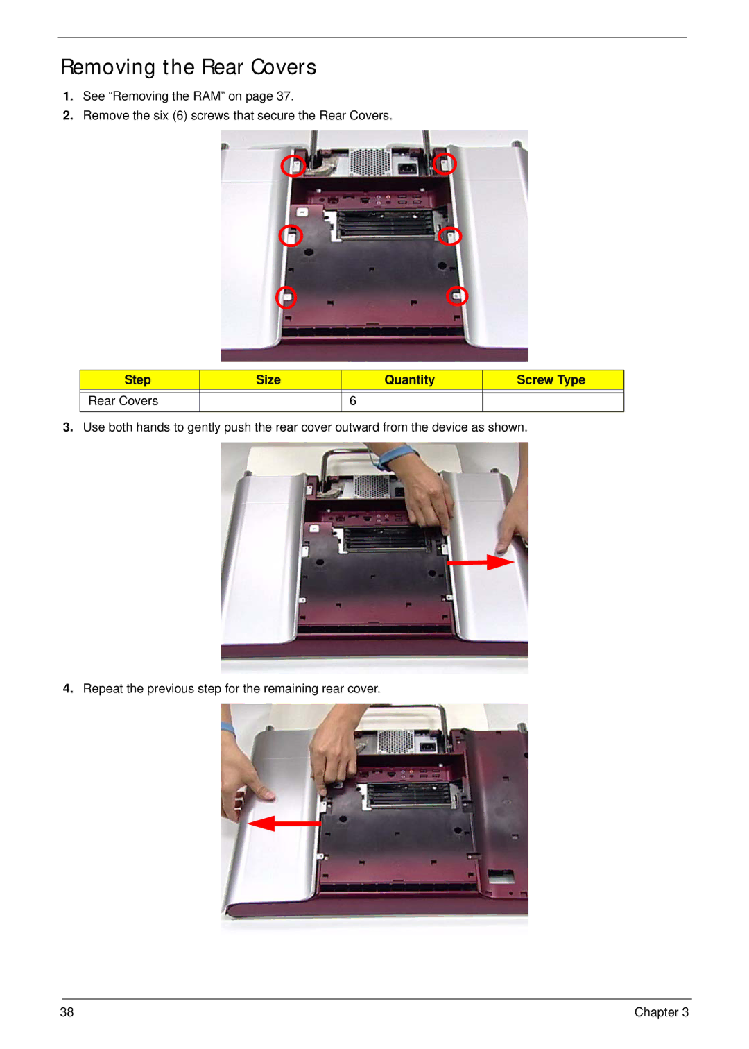 Acer Z5600, Z5610 manual Removing the Rear Covers, Step Size Quantity Screw Type Rear Covers 