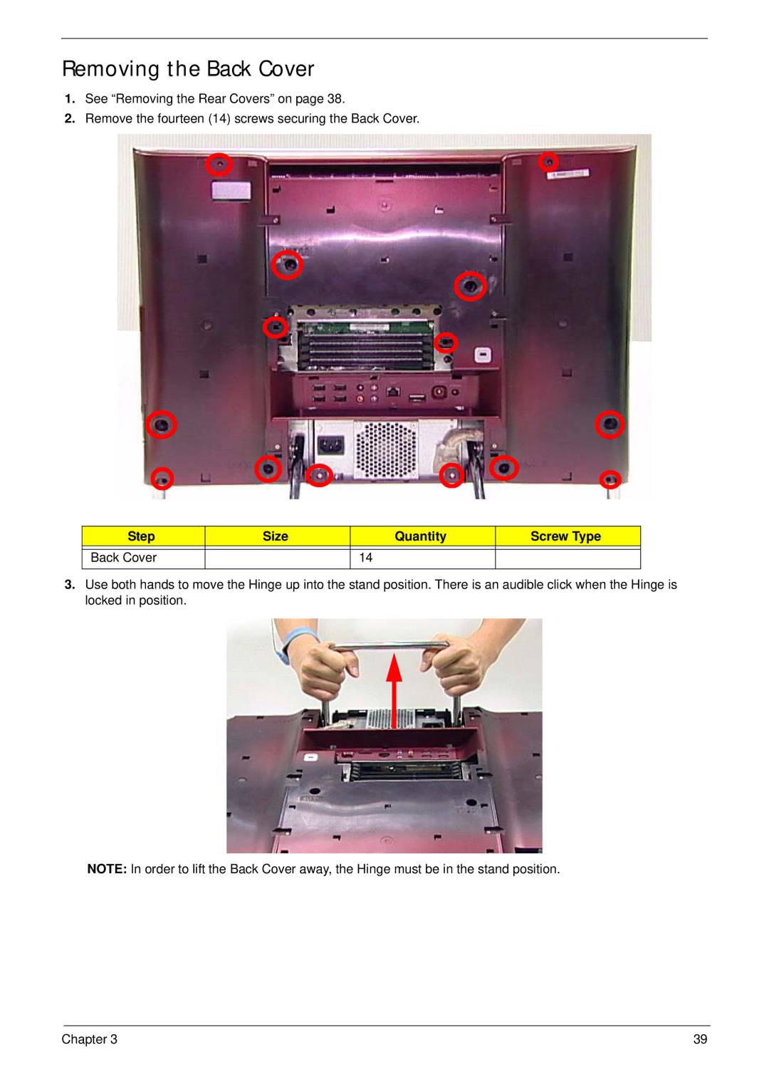 Acer Z5610, Z5600 manual Removing the Back Cover, Step Size Quantity Screw Type Back Cover 