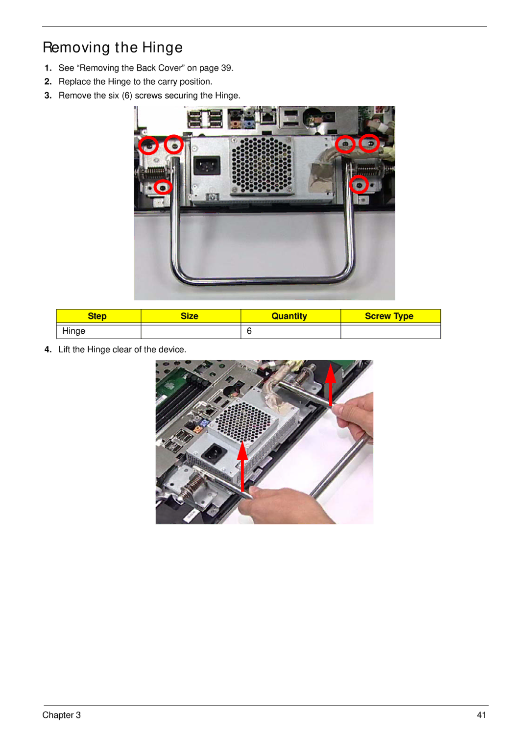 Acer Z5610, Z5600 manual Removing the Hinge, Step Size Quantity Screw Type Hinge 