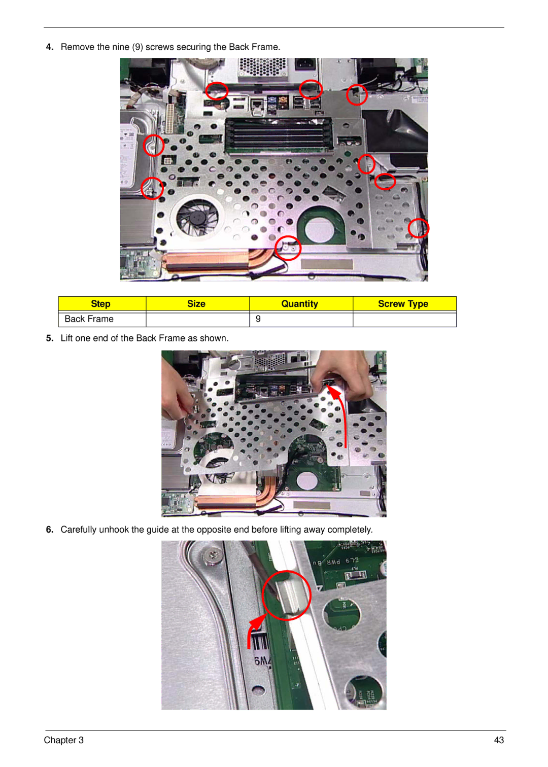 Acer Z5610, Z5600 manual Step Size Quantity Screw Type Back Frame 