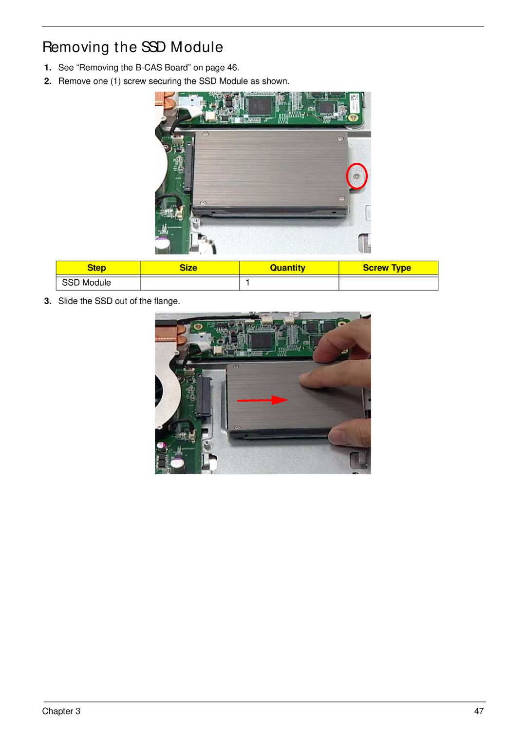 Acer Z5610, Z5600 manual Removing the SSD Module, Step Size Quantity Screw Type SSD Module 