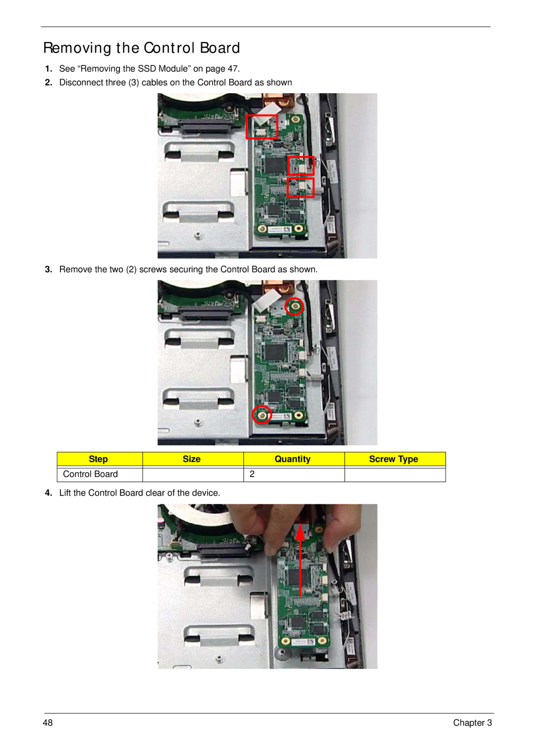 Acer Z5600, Z5610 manual Removing the Control Board, Step Size Quantity Screw Type Control Board 