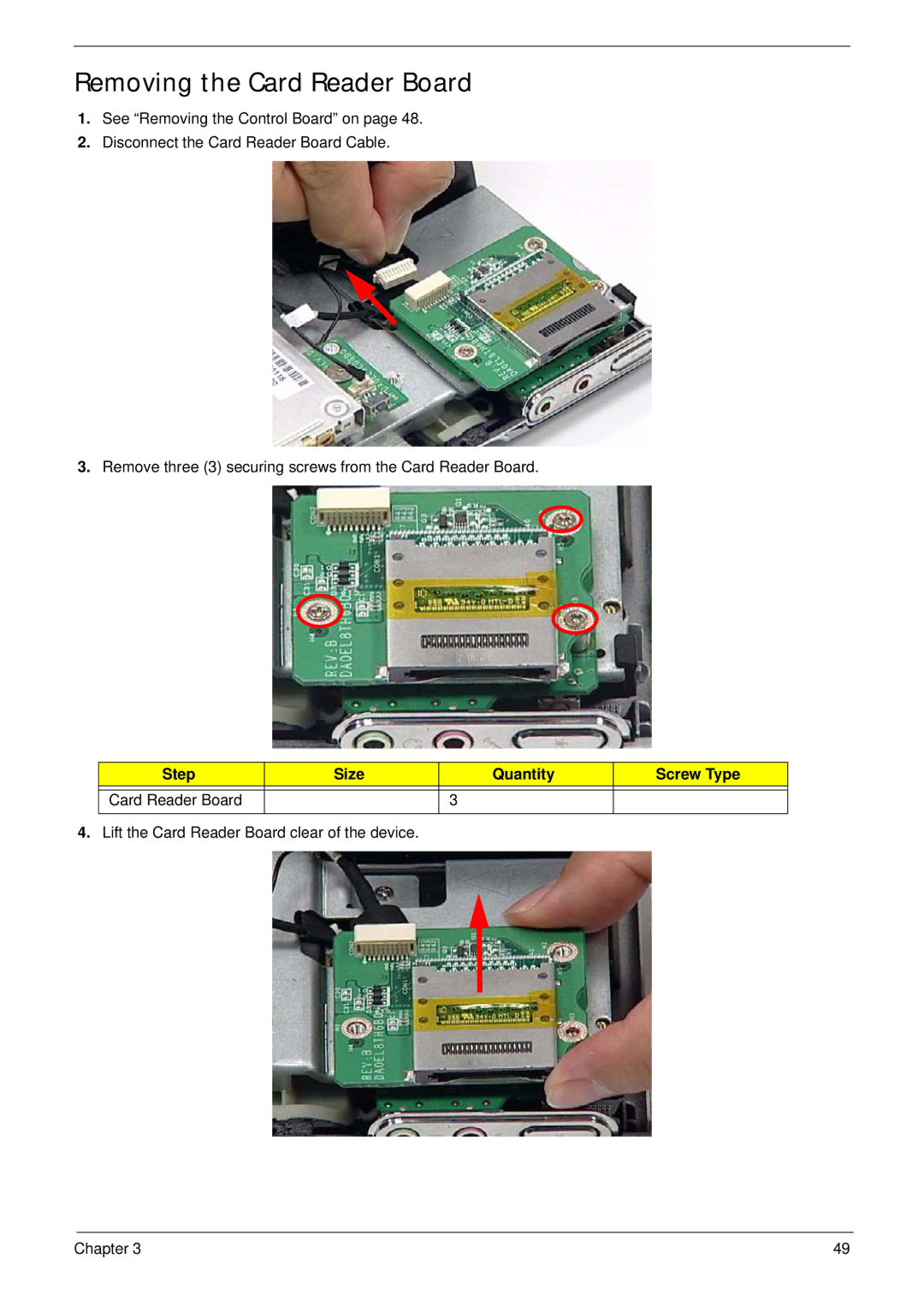 Acer Z5610, Z5600 manual Removing the Card Reader Board, Step Size Quantity Screw Type Card Reader Board 