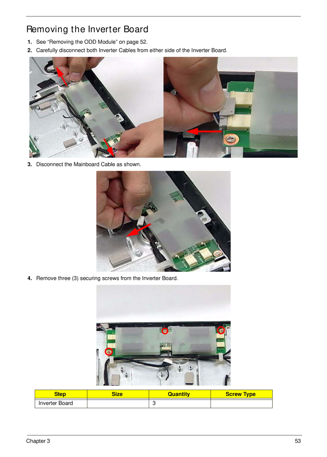 Acer Z5610, Z5600 manual Removing the Inverter Board, Step Size Quantity Screw Type Inverter Board 