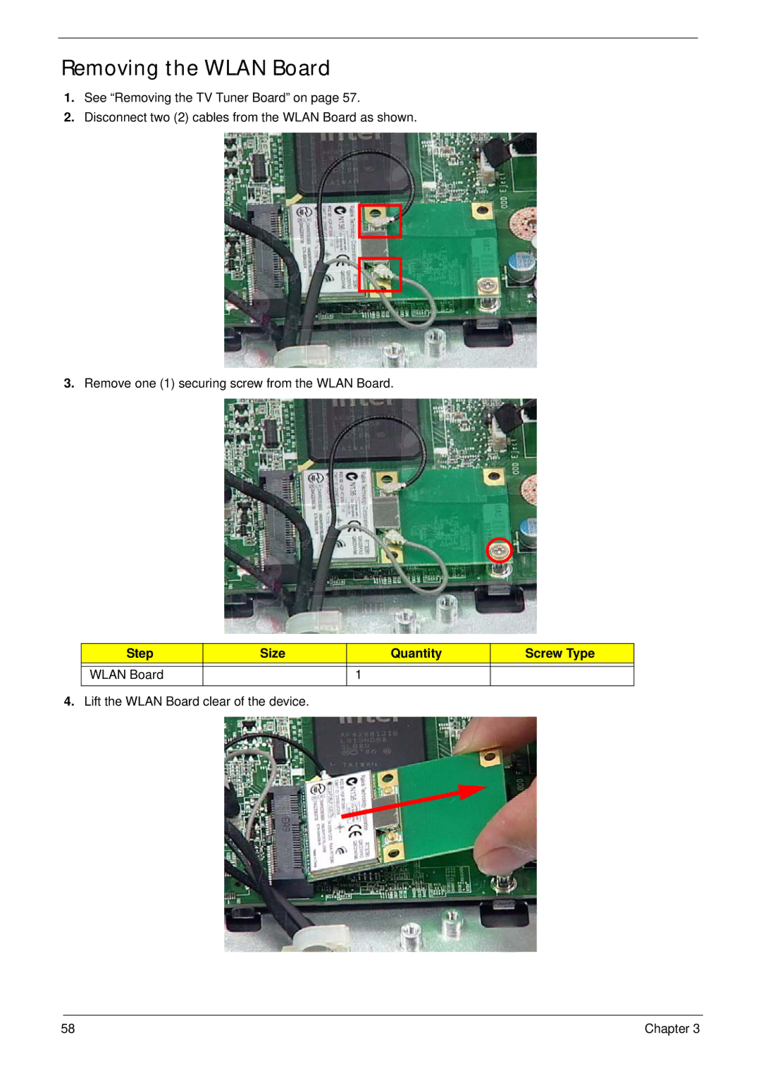 Acer Z5600, Z5610 manual Removing the Wlan Board, Step Size Quantity Screw Type Wlan Board 