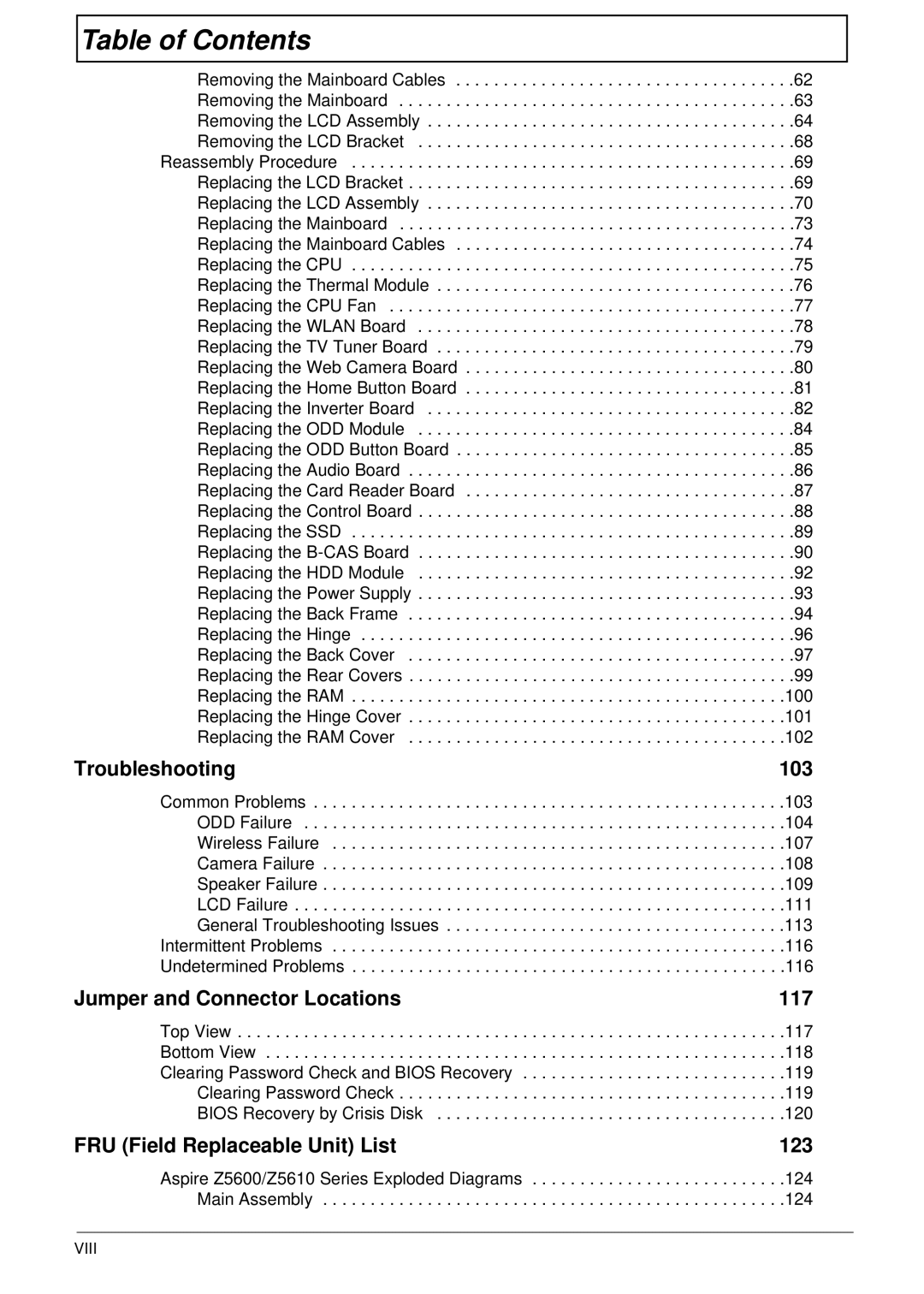 Acer Z5600, Z5610 manual 103, Viii 