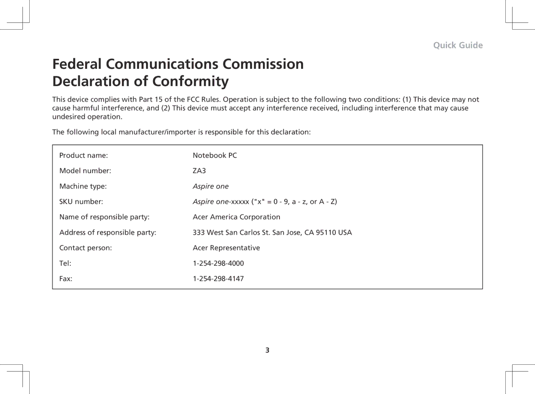 Acer ZA3 manual Federal Communications Commission Declaration of Conformity, Aspire one 