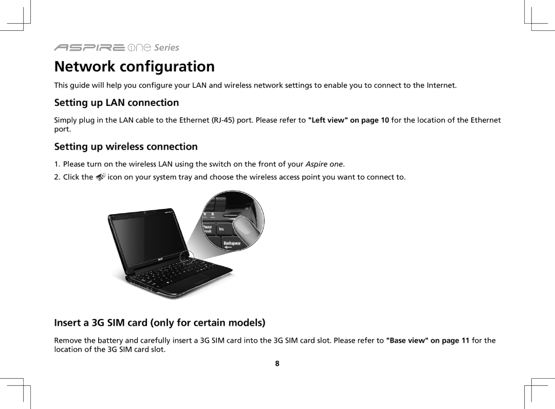 Acer ZA3 manual Network configuration, Setting up LAN connection, Setting up wireless connection 