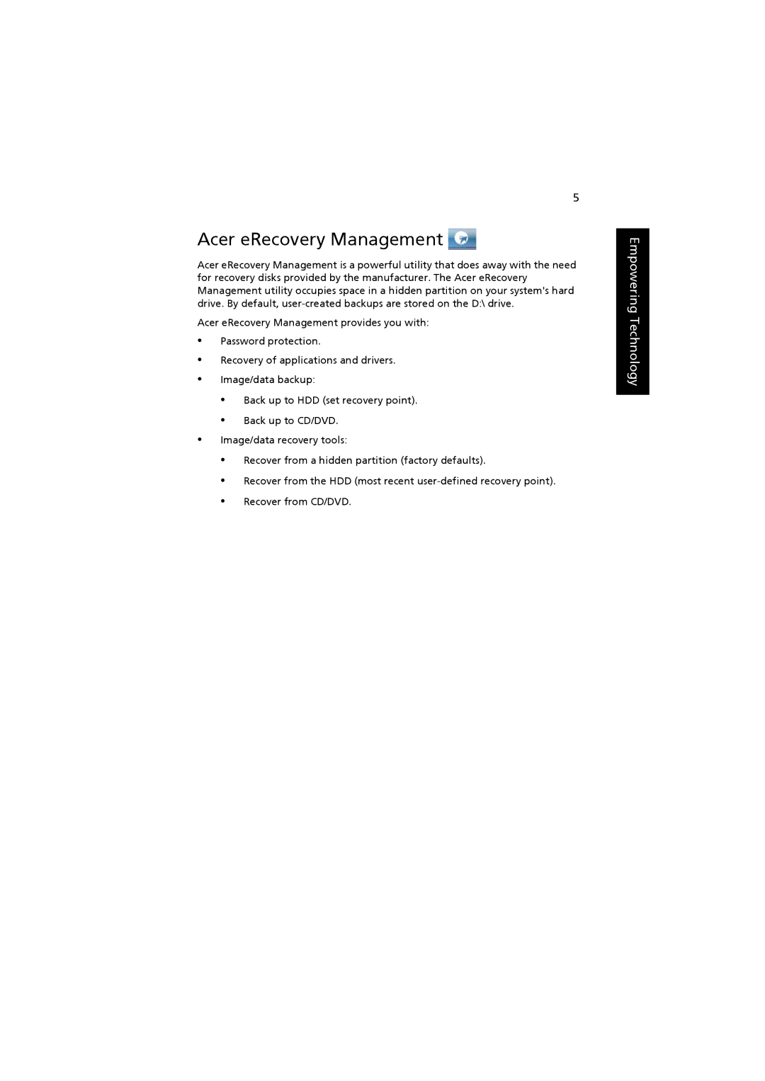 Acer 3660, ZB3 manual Acer eRecovery Management 