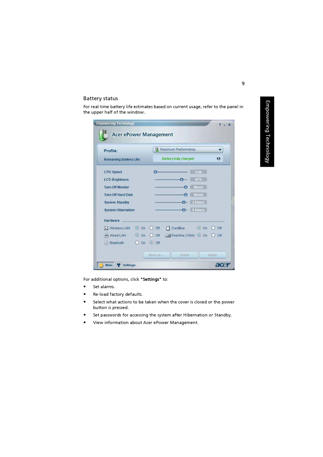 Acer 3660, ZB3 manual Battery status 