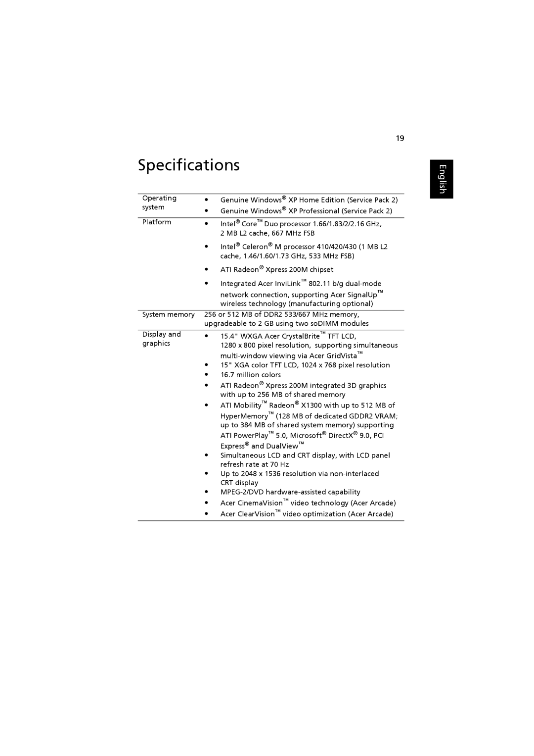 Acer 3660, ZB3 manual Specifications 