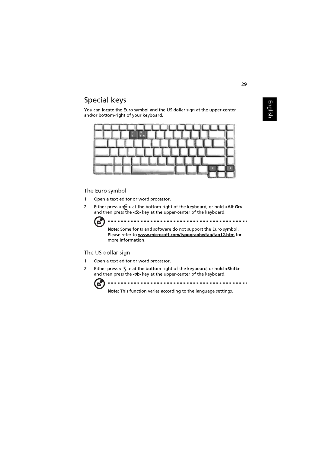 Acer 3660, ZB3 manual Special keys, Euro symbol, US dollar sign 