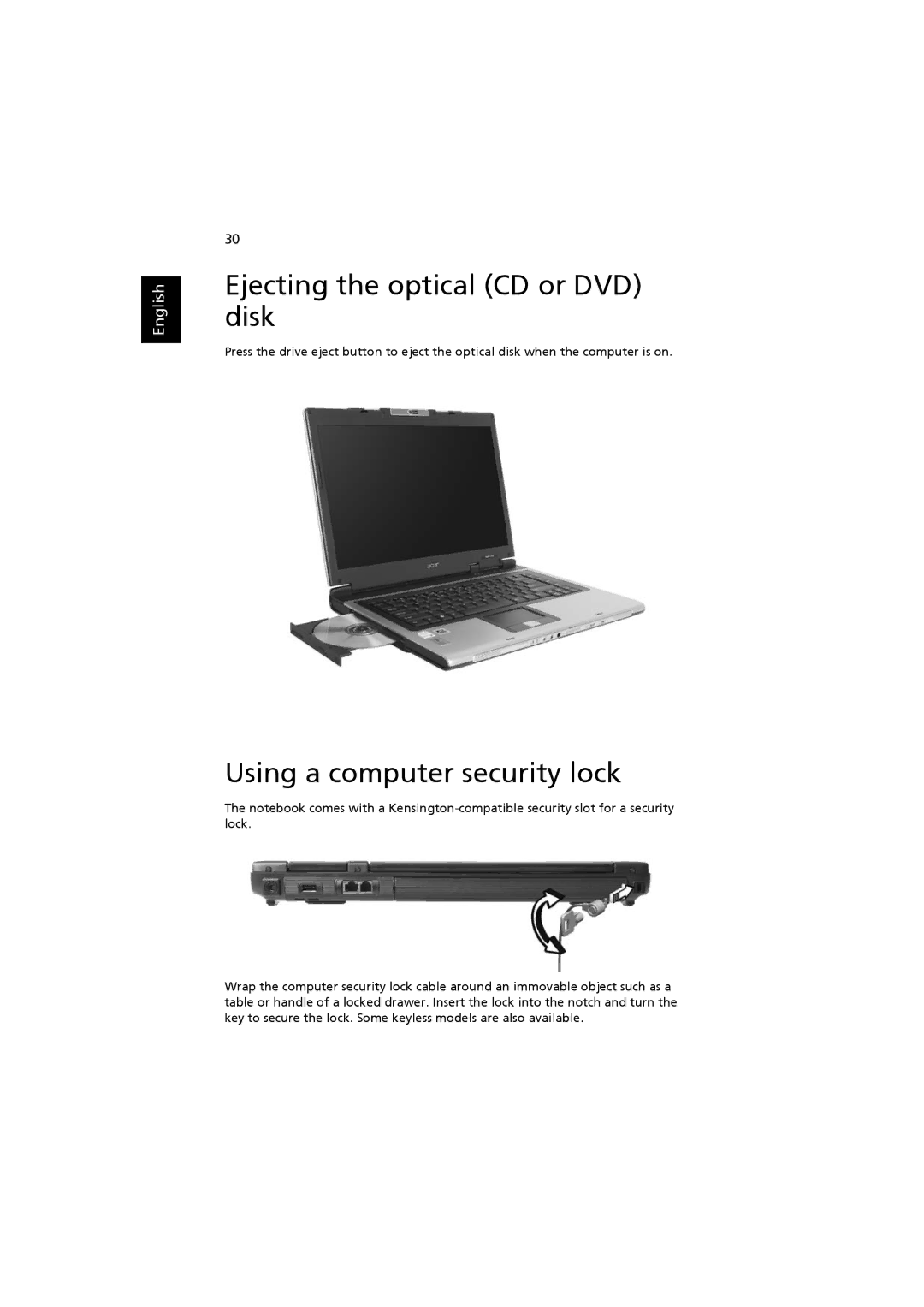 Acer ZB3, 3660 manual Ejecting the optical CD or DVD disk, Using a computer security lock 