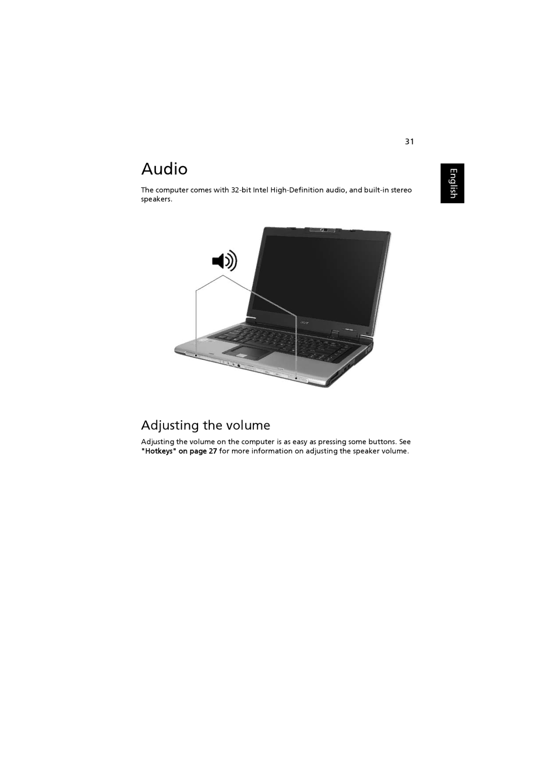 Acer 3660, ZB3 manual Audio, Adjusting the volume 