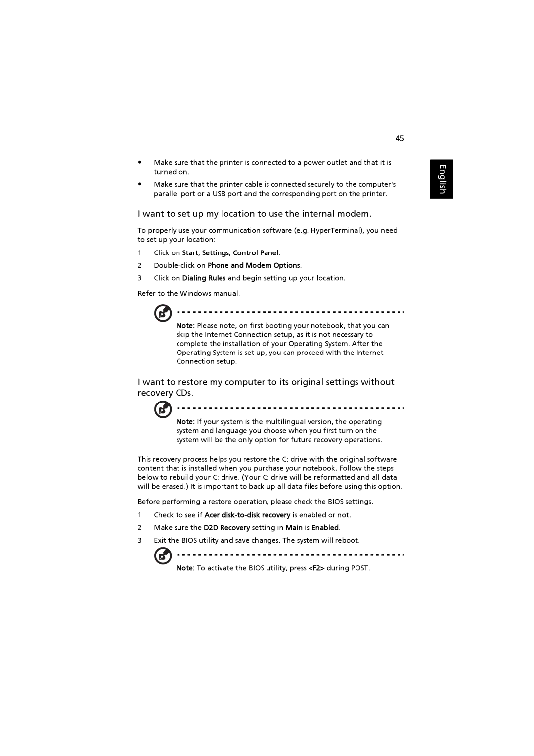 Acer 3660, ZB3 manual Want to set up my location to use the internal modem 