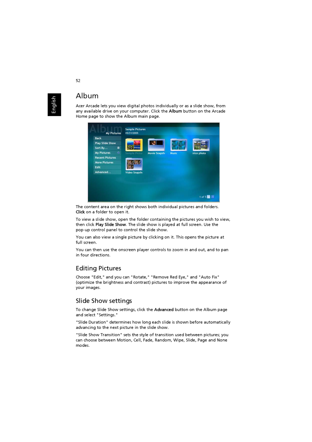Acer ZB3, 3660 manual Album, Editing Pictures, Slide Show settings 