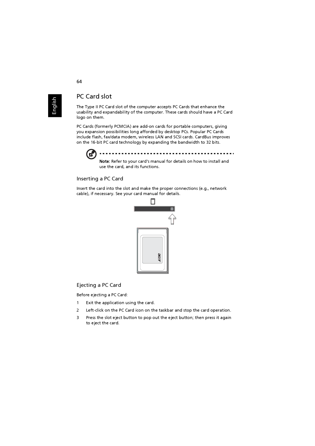 Acer ZB3, 3660 manual PC Card slot, Inserting a PC Card, Ejecting a PC Card 