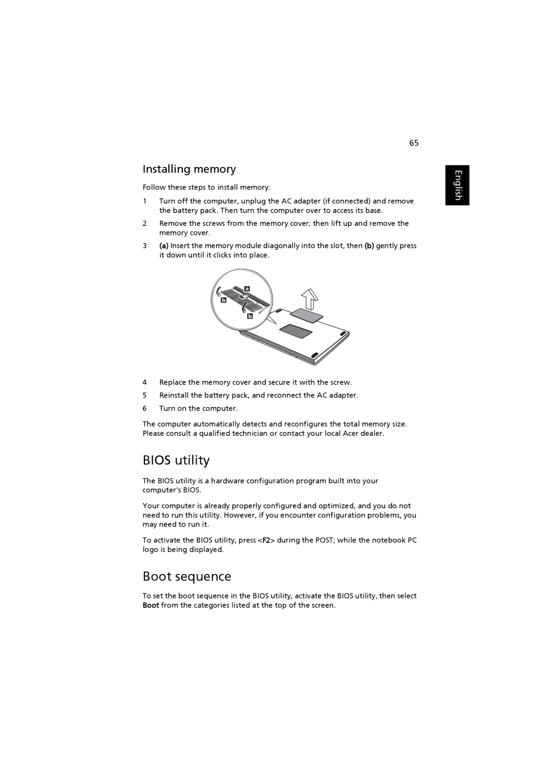 Acer 3660, ZB3 manual Bios utility, Boot sequence, Installing memory 