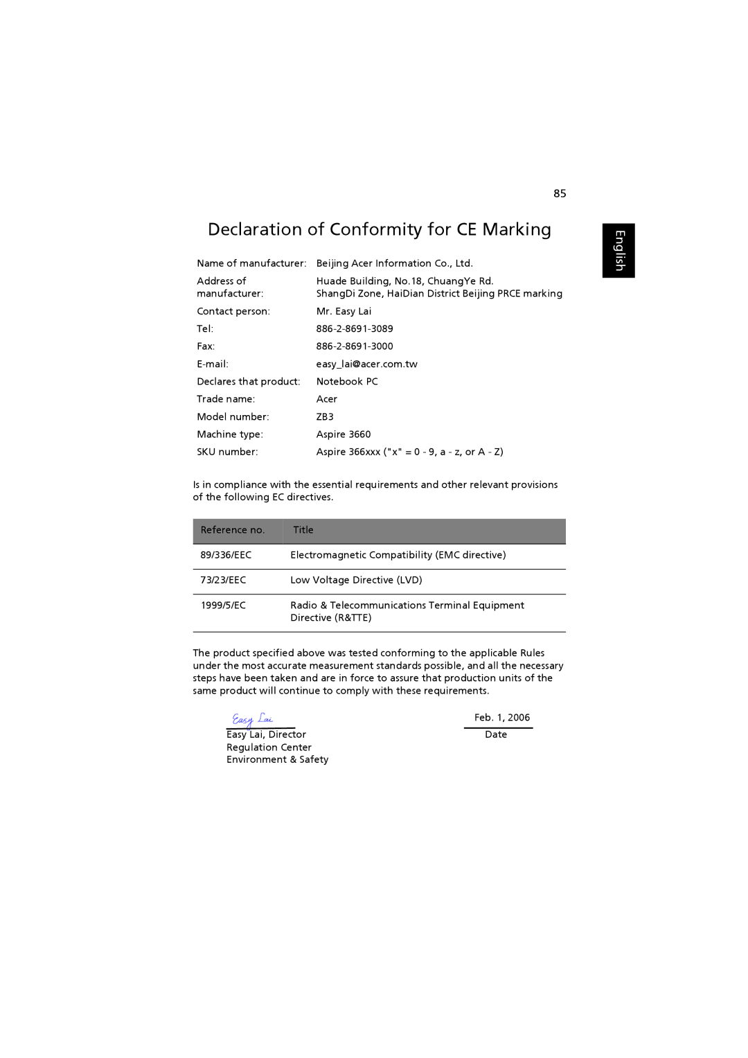 Acer 3660, ZB3 manual Declaration of Conformity for CE Marking 