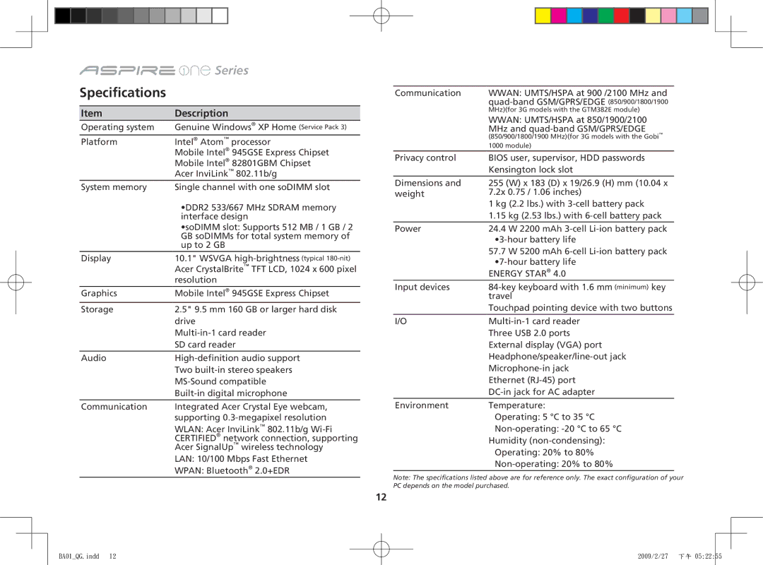 Acer ZG8 manual Specifications, Energy Star 