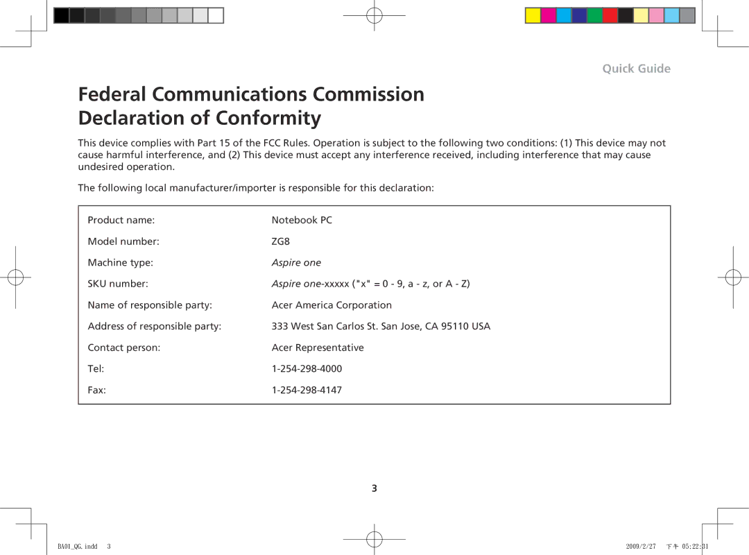 Acer ZG8 manual Federal Communications Commission Declaration of Conformity, Aspire one 