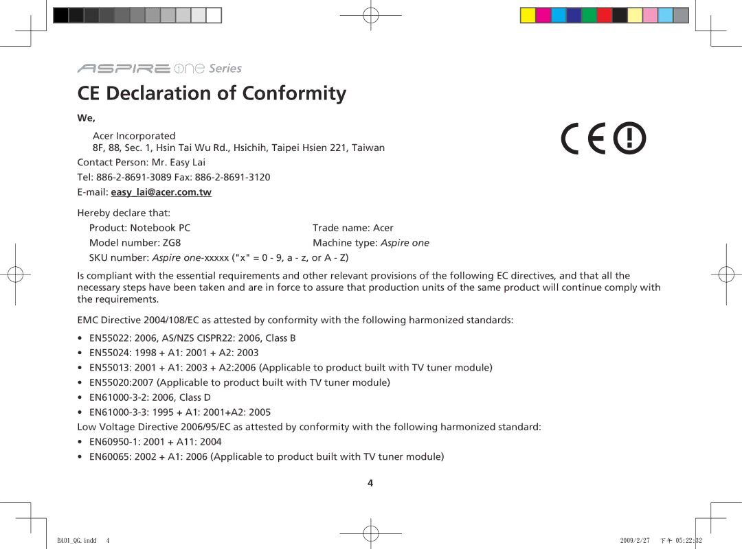 Acer ZG8 manual CE Declaration of Conformity, Maileasylai@acer.com.tw 