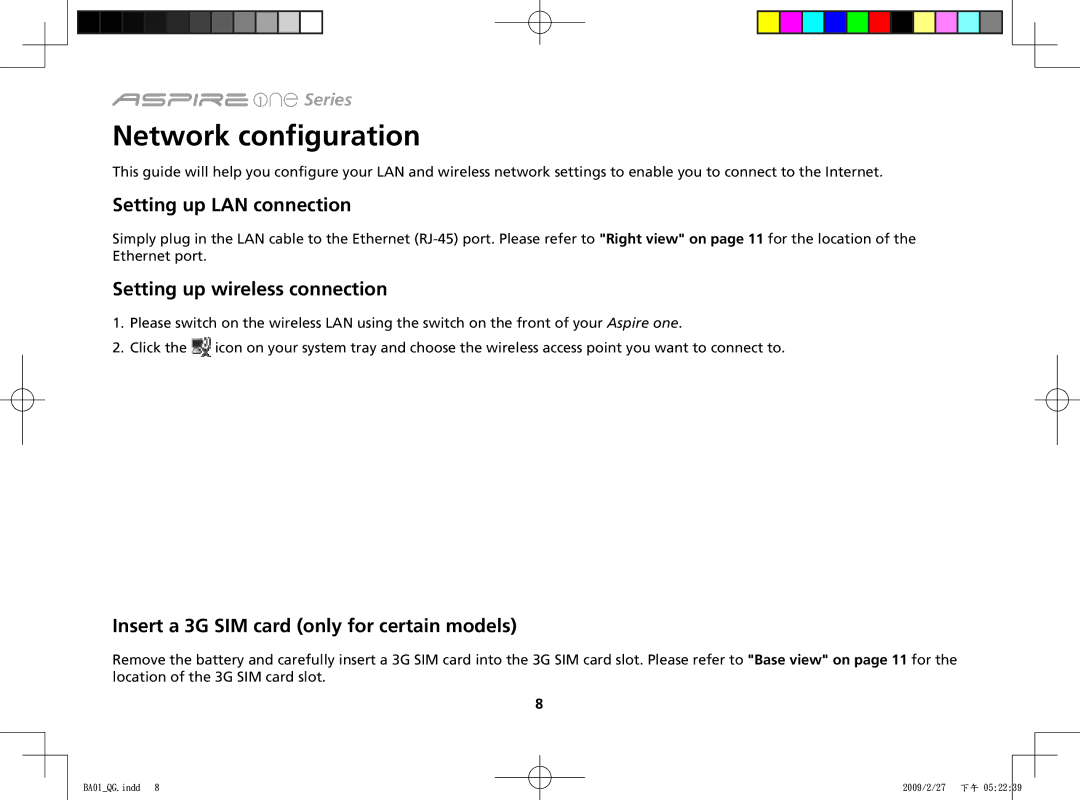 Acer ZG8 manual Network configuration, Setting up LAN connection, Setting up wireless connection 