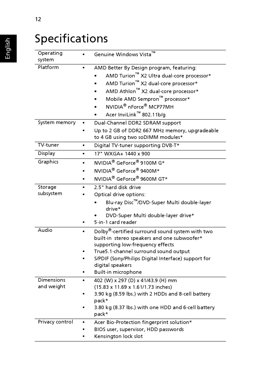 Acer ZY5, 7530G manual Specifications 