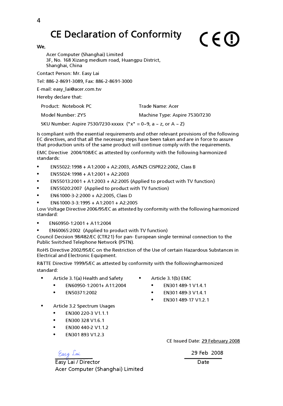 Acer ZY5, 7530G manual CE Declaration of Conformity 